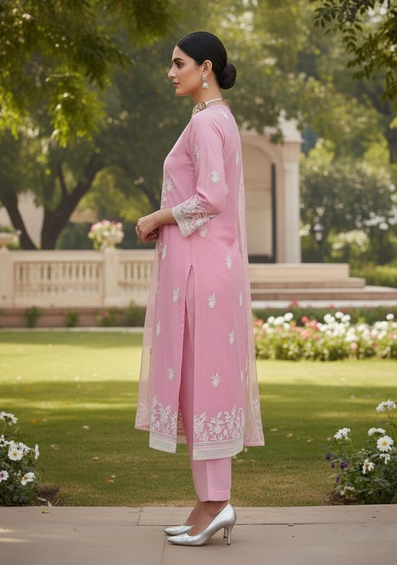 Baby Pink Embroidered Oragnza Dress Material - Indya