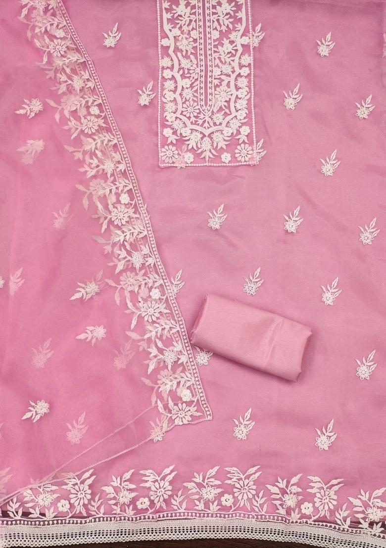 Baby Pink Embroidered Oragnza Dress Material - Indya