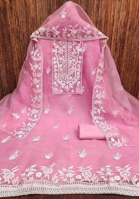 Baby Pink Embroidered Oragnza Dress Material