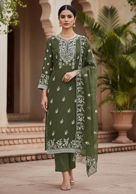 Olive Embroidered Oragnza Dress Material