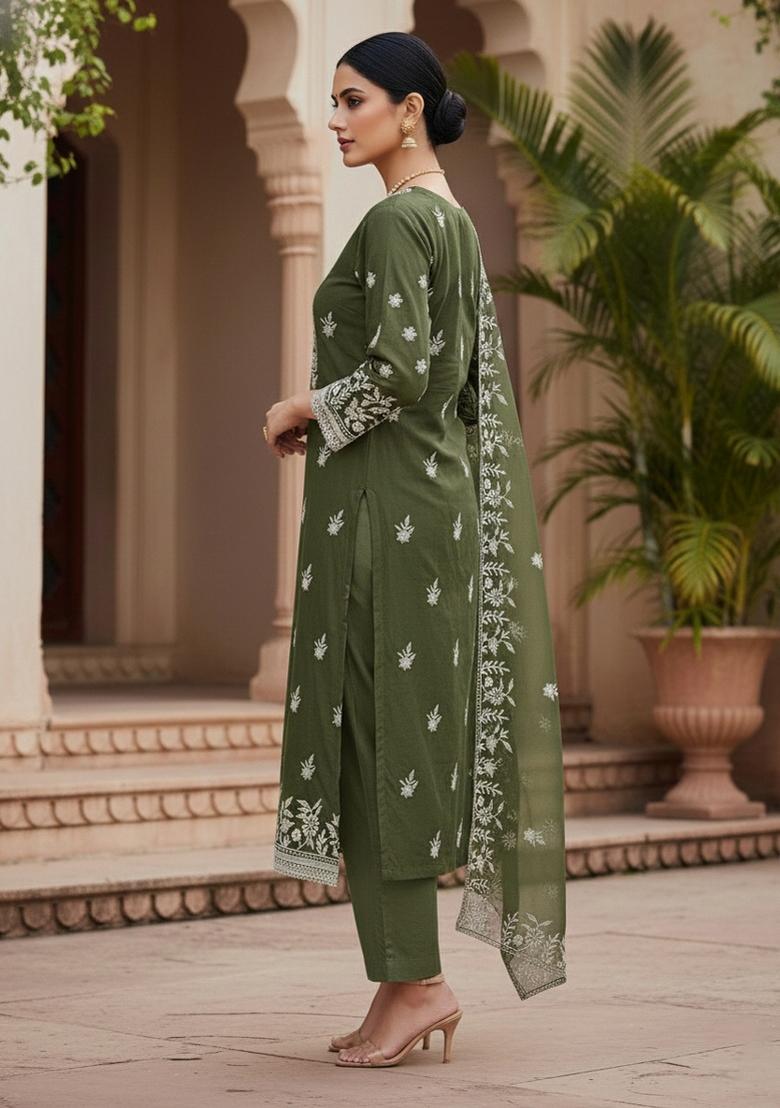 Olive Embroidered Oragnza Dress Material - Indya
