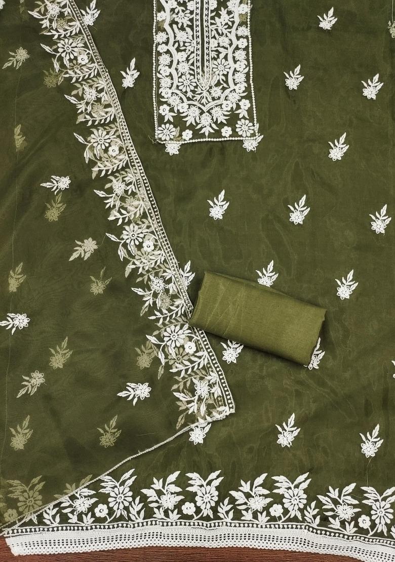 Olive Embroidered Oragnza Dress Material - Indya