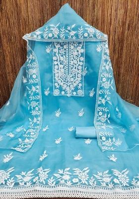 Sky Blue Chikankari Organza Straight Kurta Set