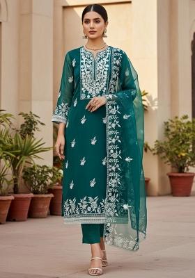 Teal Embroidered Oragnza Dress Material