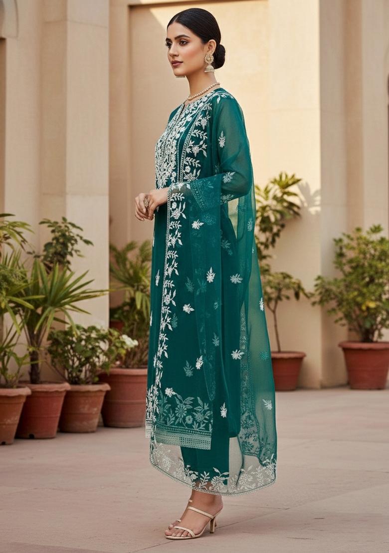 Teal Embroidered Oragnza Dress Material - Indya