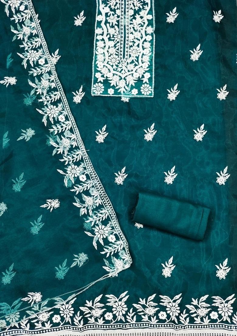Teal Embroidered Oragnza Dress Material - Indya