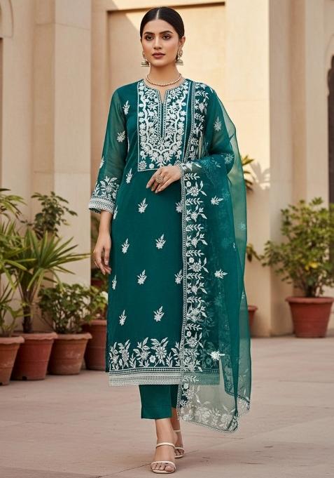 Teal Embroidered Oragnza Dress Material