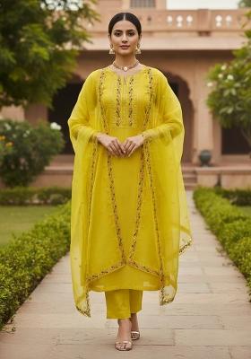 Yellow Embroidered Oragnza Dress Material