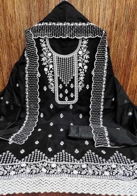 Black Embroidered Cotton Blend Dress Material