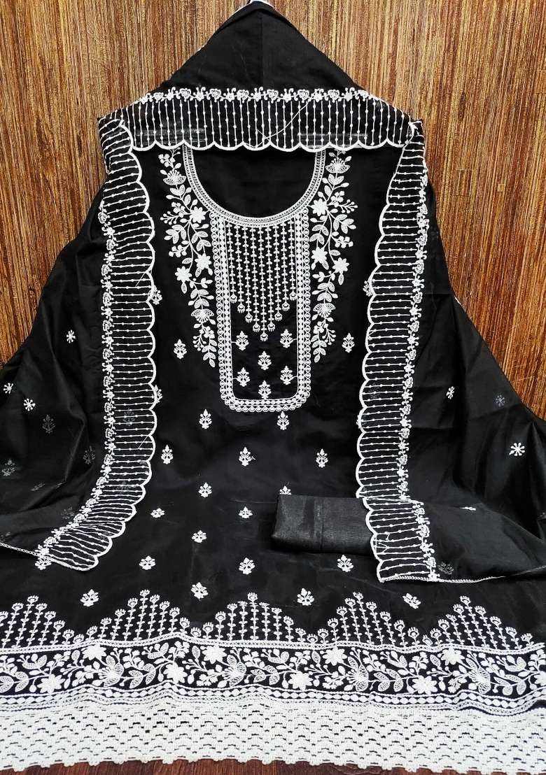 Black Embroidered Blended Straight Kurta Set - Indya