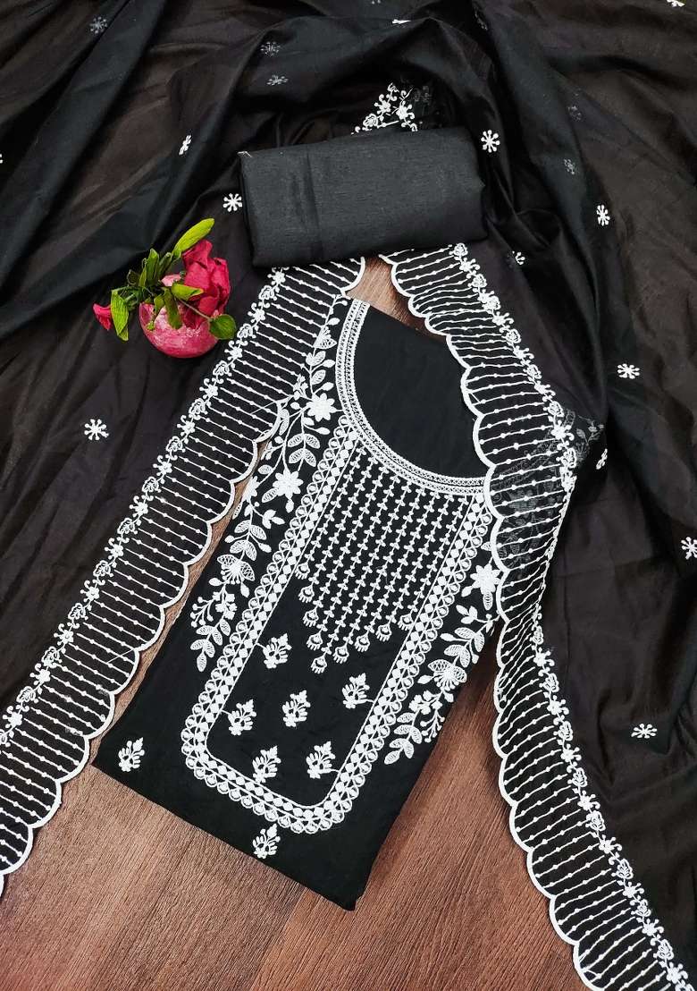 Black Embroidered Blended Straight Kurta Set - Indya
