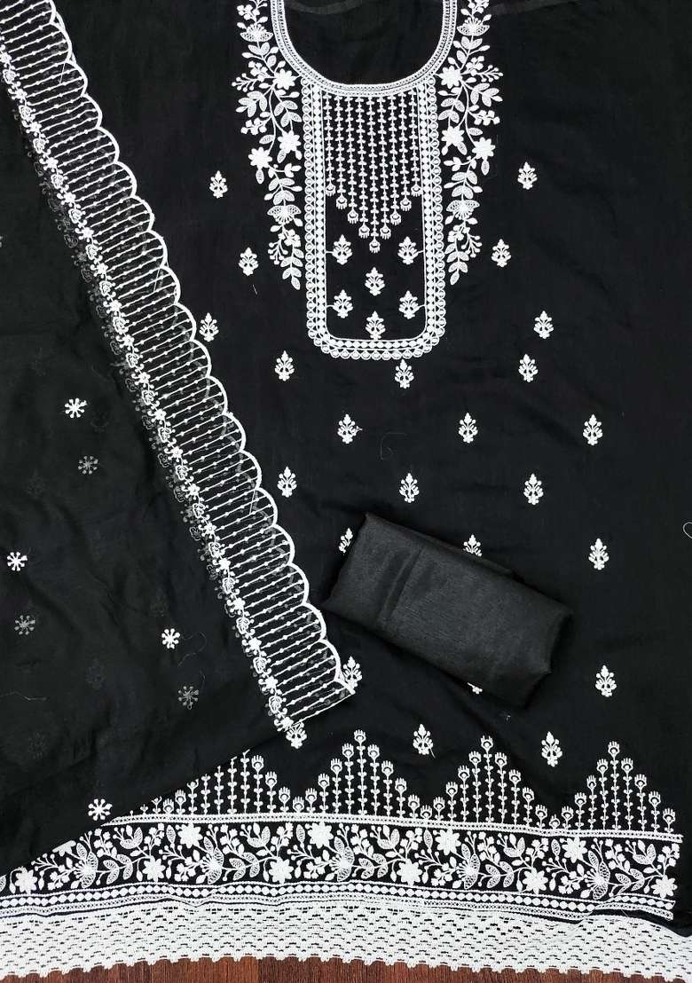 Black Embroidered Blended Straight Kurta Set - Indya