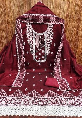 Maroon Embroidered Cotton Blend Dress Material