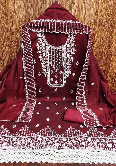 Maroon Embroidered Cotton Blend Dress Material