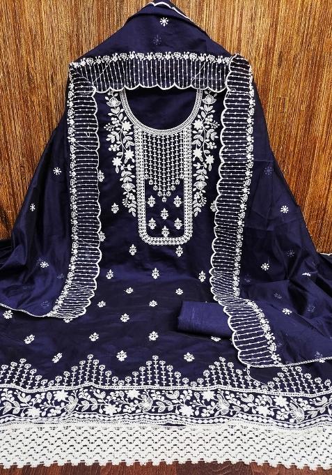 Navy Blue Embroidered Cotton Pakistani Suit Set