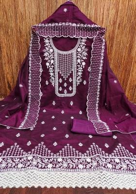 Purple Embroidered Cotton Blend Dress Material