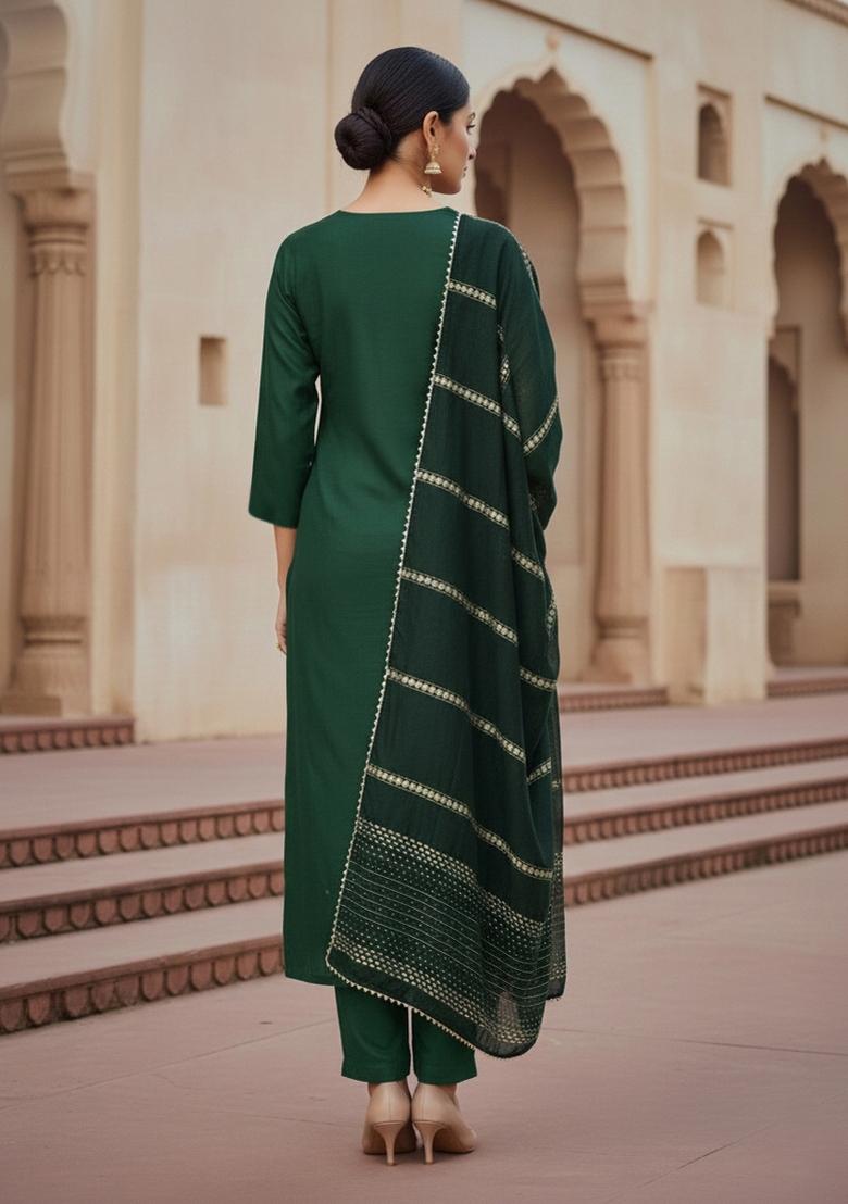 Green Embroidered Cotton Blend Dress Material - Indya