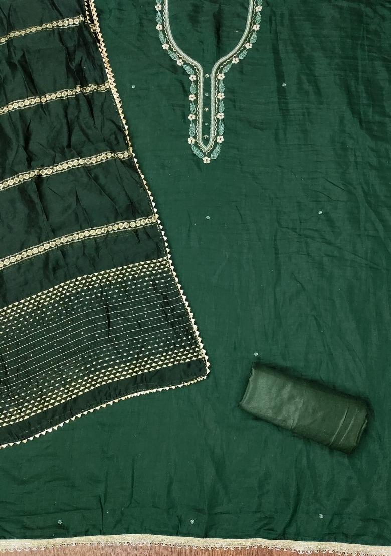 Green Embroidered Cotton Blend Dress Material - Indya