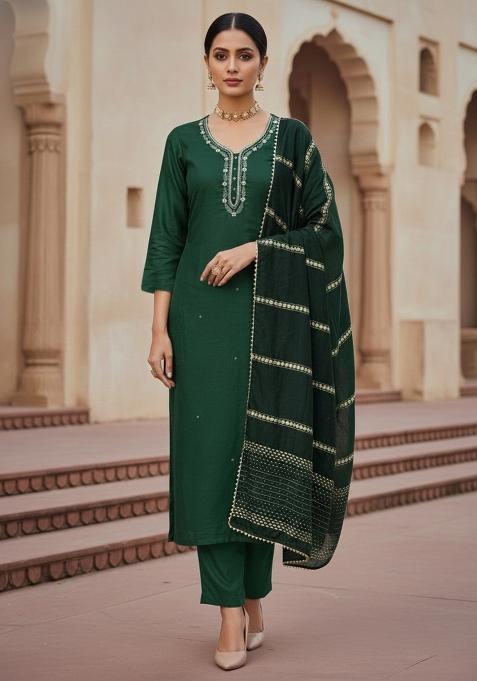 Green Embroidered Cotton Blend Dress Material