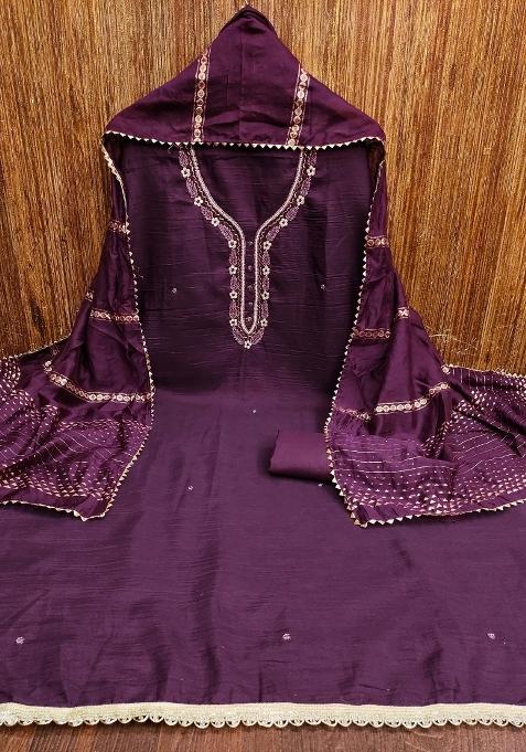 Purple Embroidered Blended Straight Kurta Set