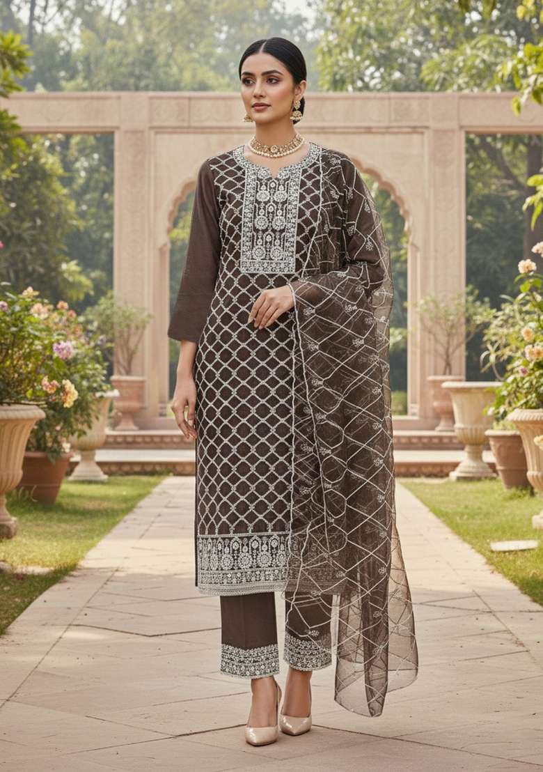 Brown Embroidered Organza Pakistani Suit Set - Indya