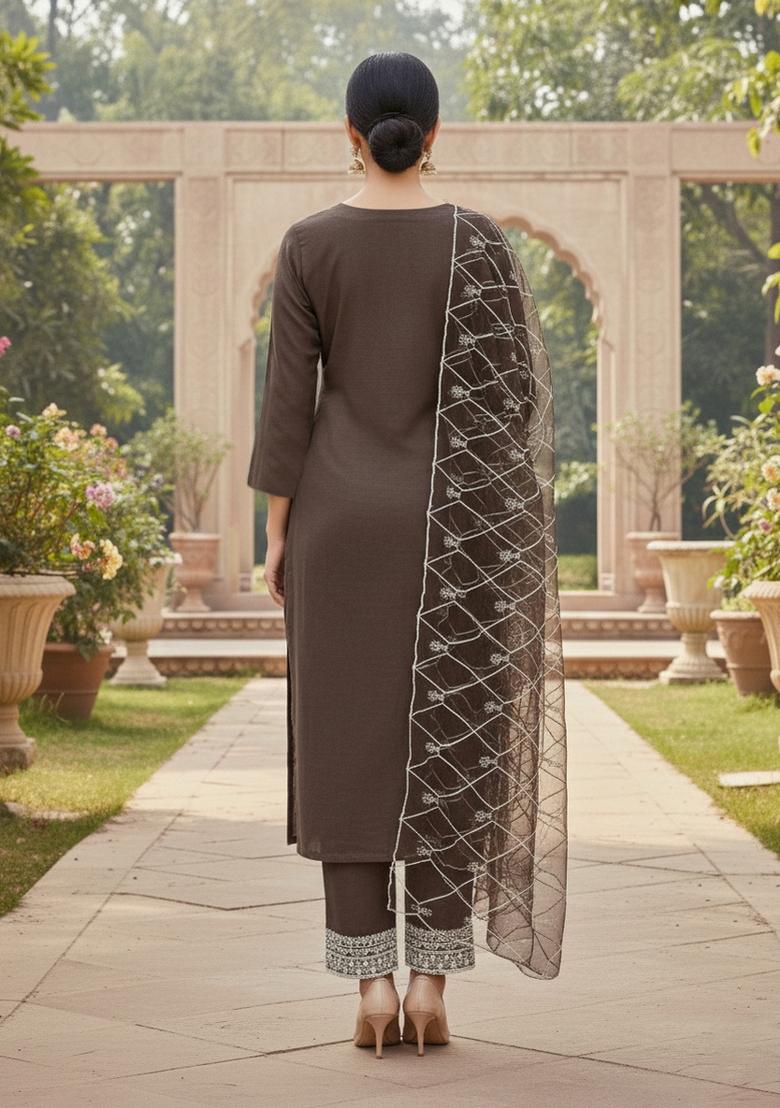 Brown Embroidered Oragnza Dress Material - Indya