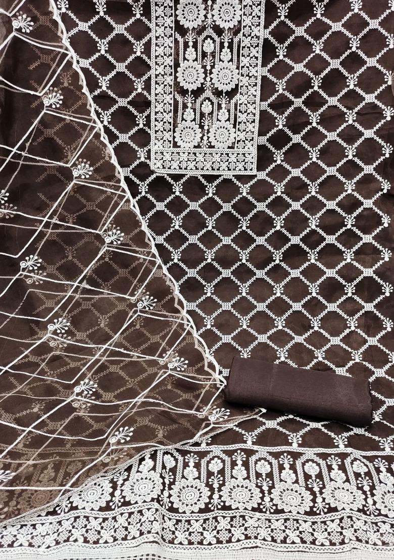 Brown Embroidered Oragnza Dress Material - Indya