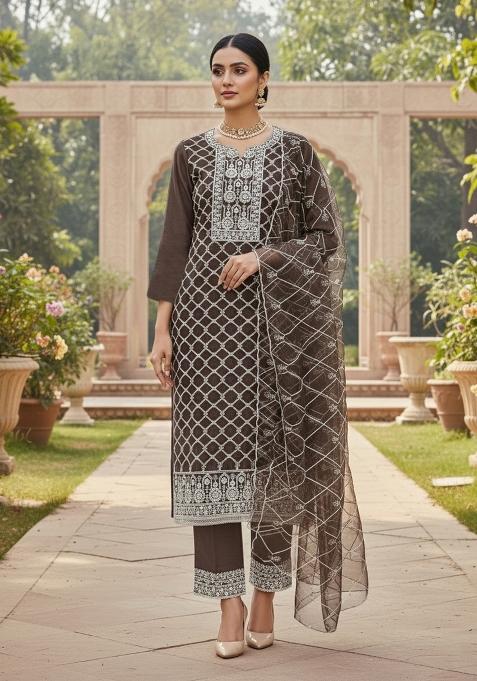 Brown Embroidered Oragnza Dress Material