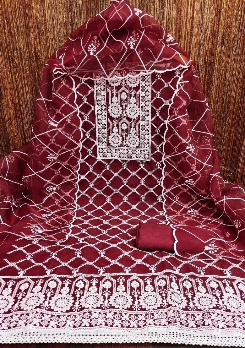Maroon Embroidered Oragnza Dress Material - Indya