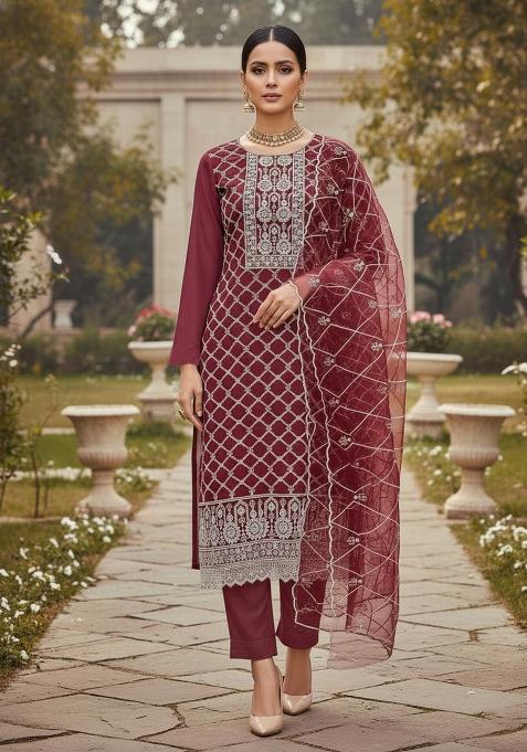 Maroon Embroidered Oragnza Dress Material