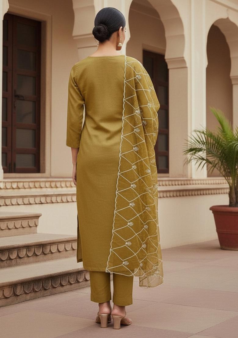 Mustard Embroidered Oragnza Dress Material - Indya