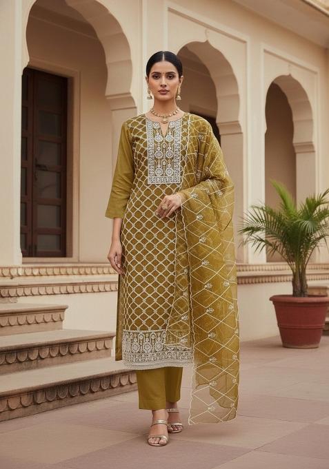 Mustard Embroidered Oragnza Dress Material