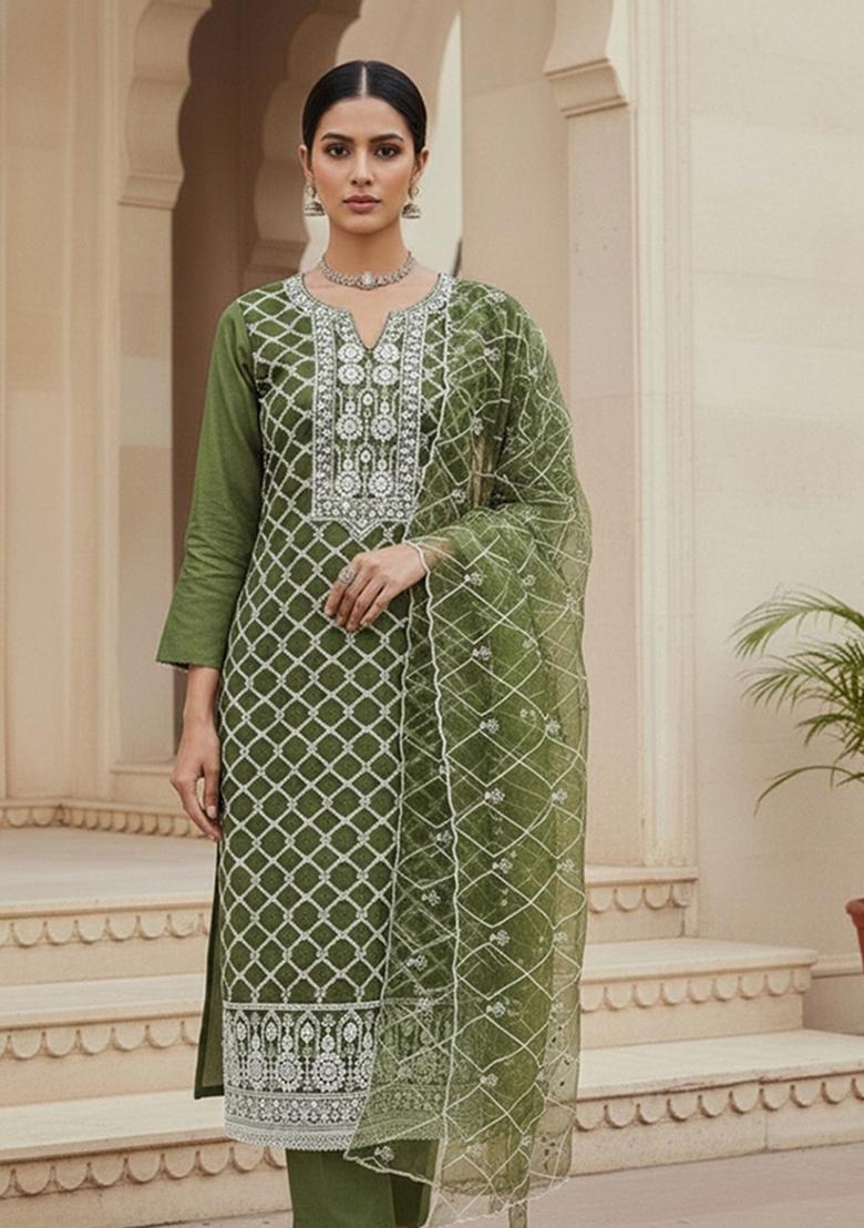 Olive Green Embroidered Oragnza Dress Material - Indya
