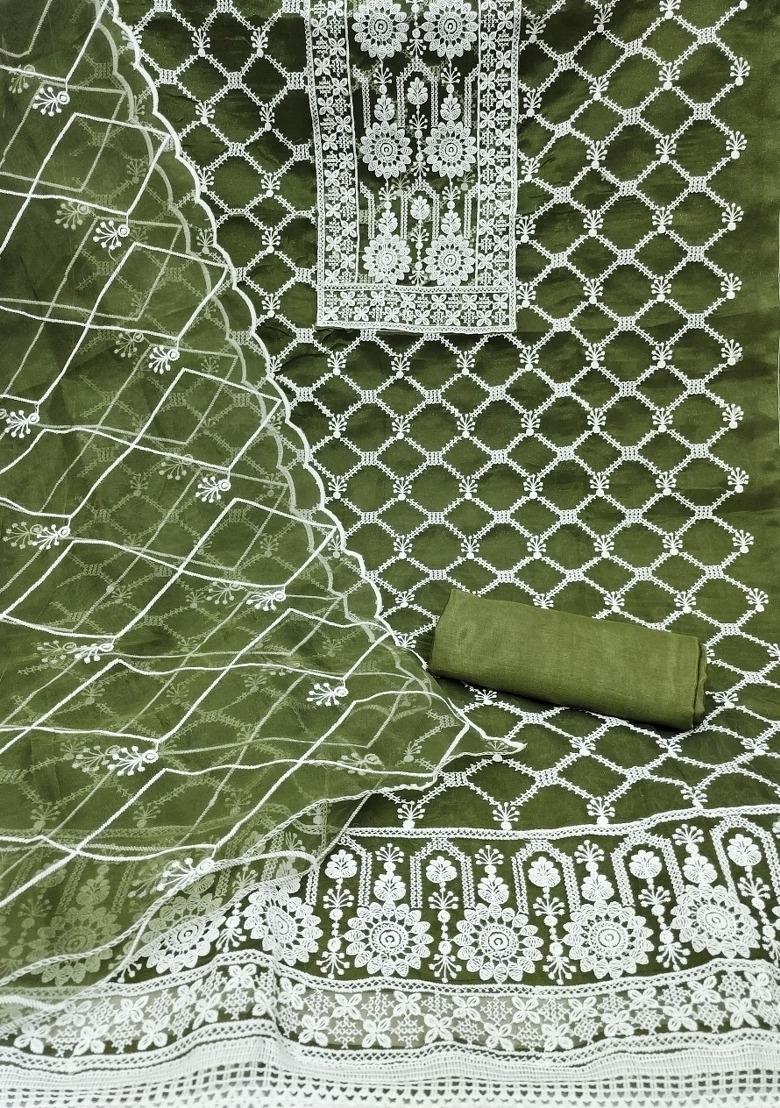 Olive Green Embroidered Oragnza Dress Material - Indya