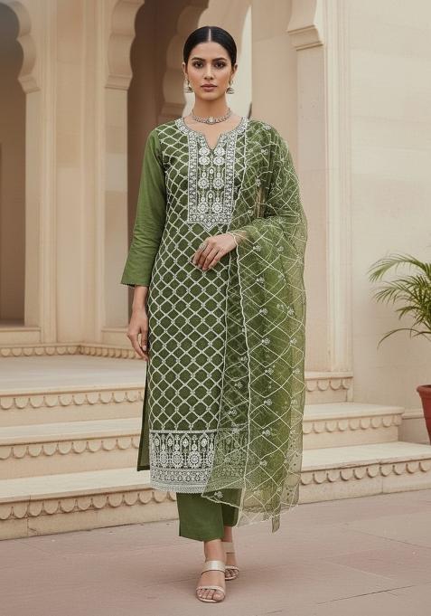 Olive Green Embroidered Oragnza Dress Material