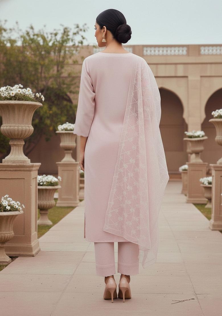 Peach Embroidered Oragnza Dress Material - Indya