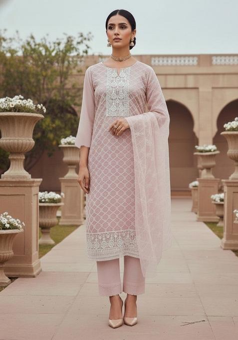 Peach Embroidered Oragnza Dress Material