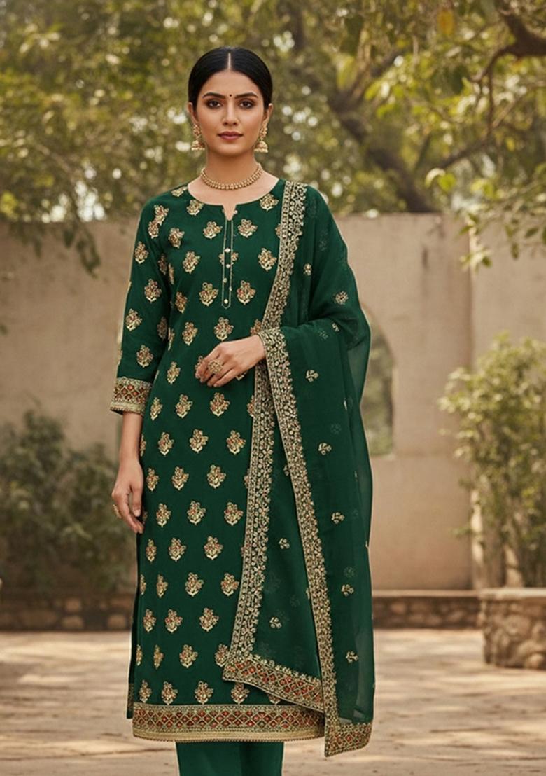 Green Embroidered Georgette Dress Material - Indya