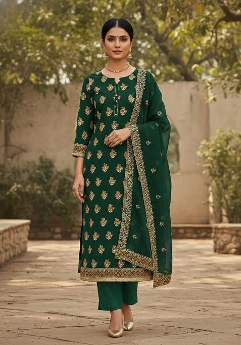 Green Embroidered Georgette Dress Material