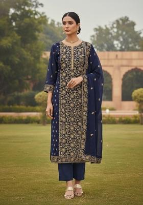 Blue Embroidered Georgette Dress Material