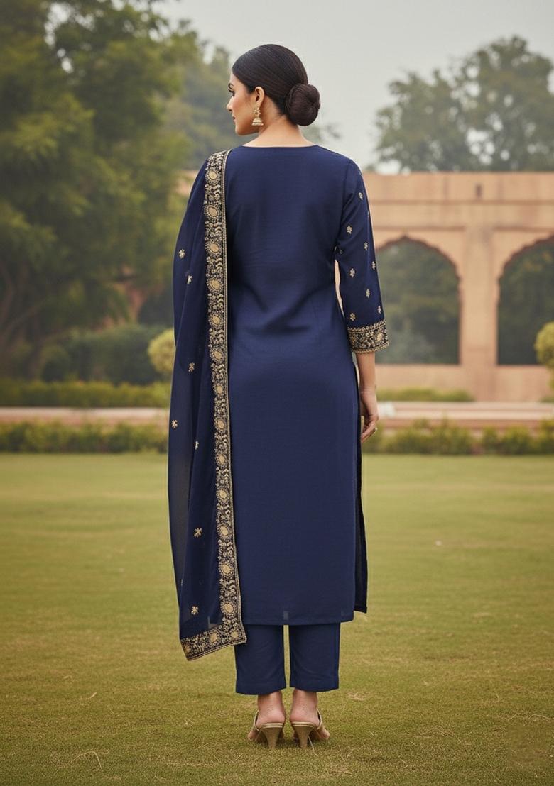 Blue Embroidered Georgette Dress Material - Indya