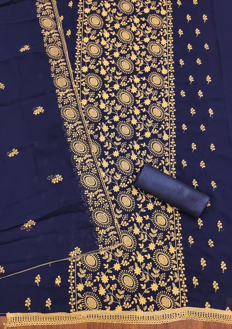 Blue Embroidered Georgette Dress Material - Indya
