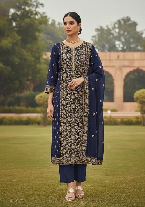 Blue Embroidered Georgette Dress Material
