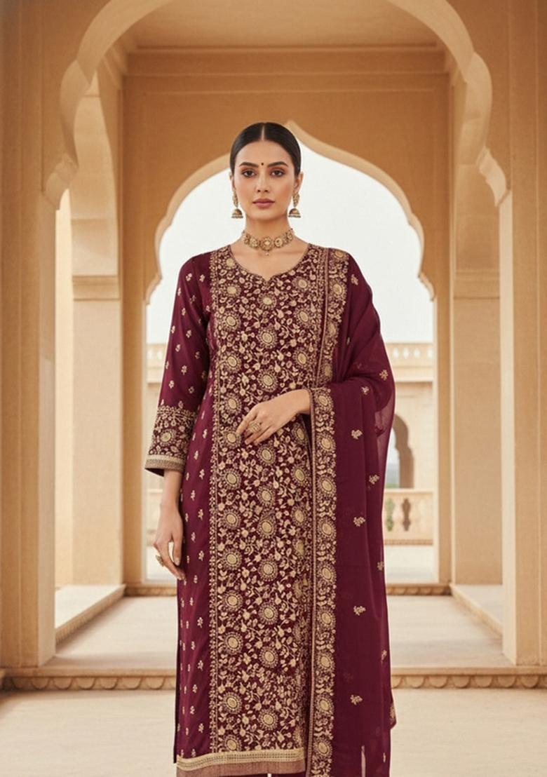 Maroon Embroidered Georgette Dress Material - Indya