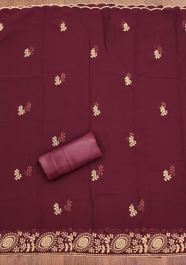 Maroon Embroidered Georgette Dress Material - Indya