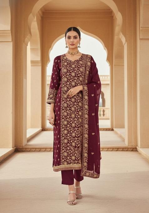 Maroon Embroidered Georgette Dress Material