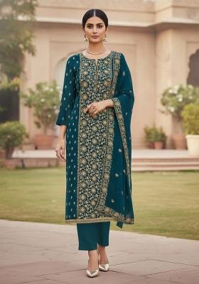 Teal Blue Embroidered Georgette Dress Material