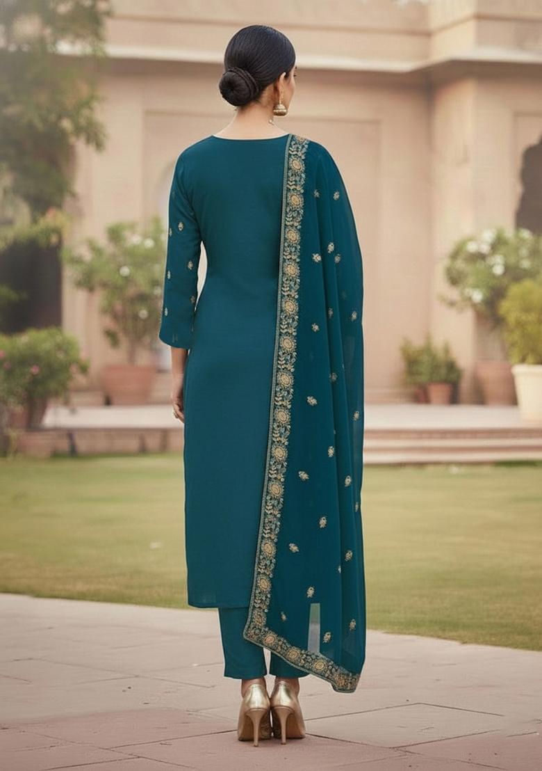 Teal Blue Embroidered Georgette Dress Material - Indya