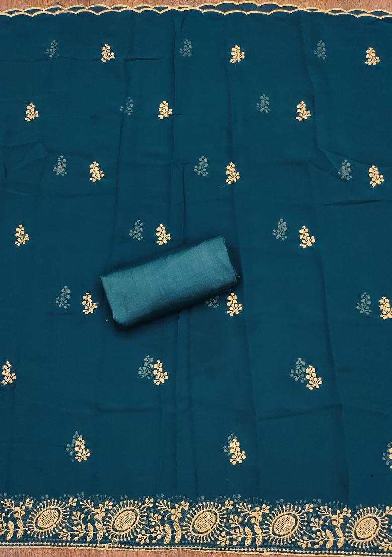 Teal Blue Embroidered Georgette Dress Material - Indya
