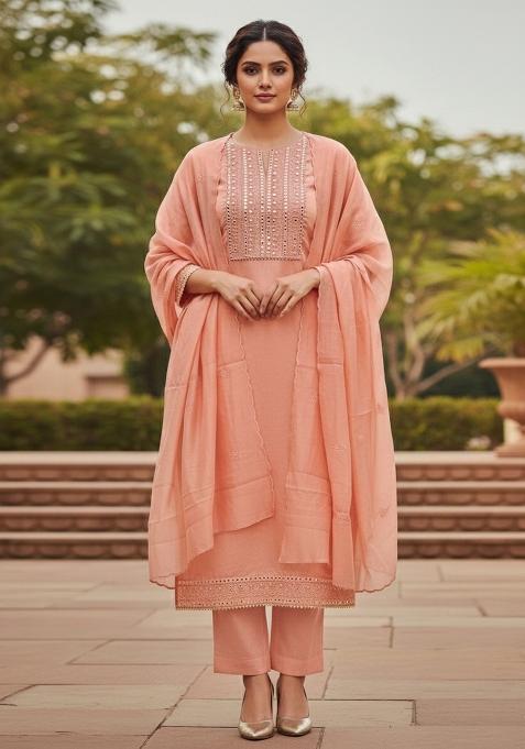 Peach Embroidered Cotton Blend Dress Material